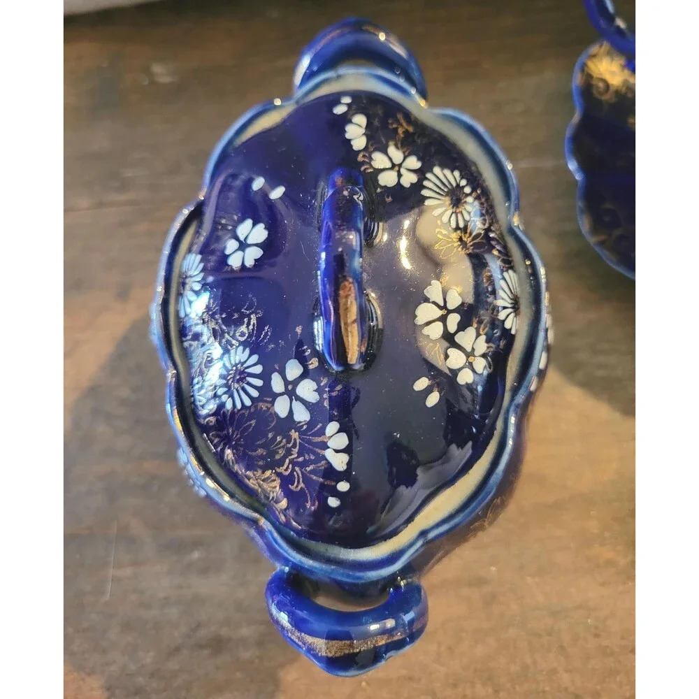 Chrysanthemum Cobalt Blue Porcelain Creamer & Sugar Set – Gold Accents